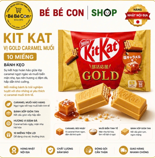 ⚡ KitKat Gold Caramel Muối 10 Miếng – Giòn Rụm Thơm Ngon