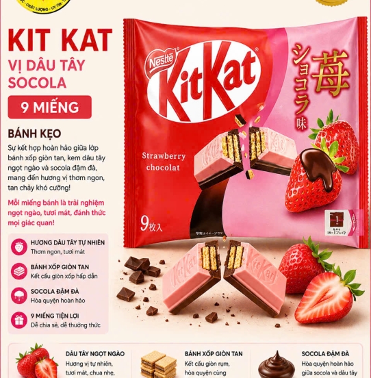 🍓 KitKat Dâu Tây Socola – Thơm Ngọt Ngào, Rực Rỡ Sắc Màu